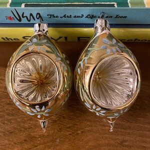 2 Vtg Poland Gold Teardrop Indent Blown Glass Christmas Ornament Hand Painted